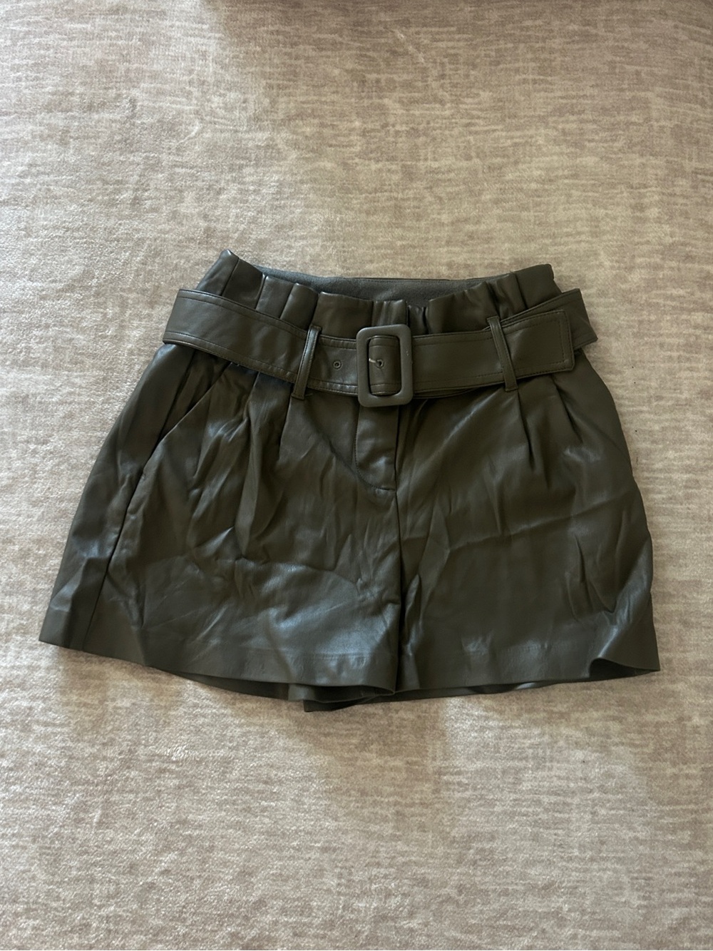 Express Olive Green Faux Leather Paperbag Waist Belted Shorts